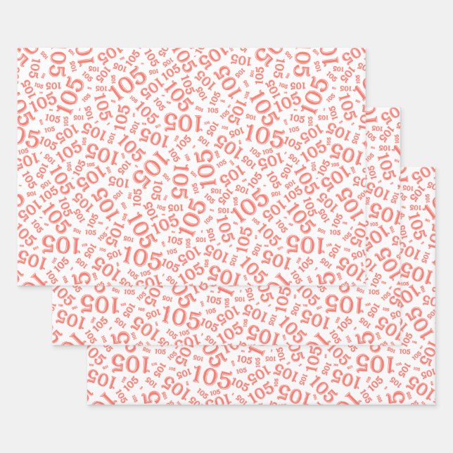 105th Birthday Random Number Pattern Coral/White Wrapping Paper Sheet (Set)