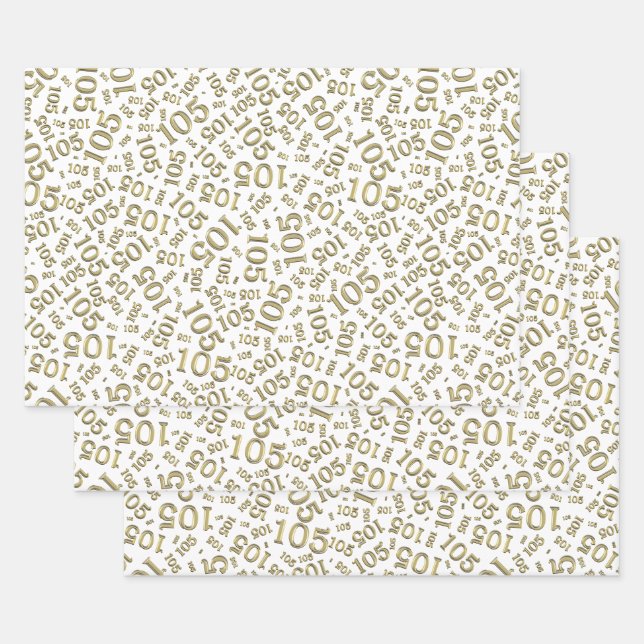 105th Birthday Random Number Pattern Gold/White Wrapping Paper Sheet (Set)