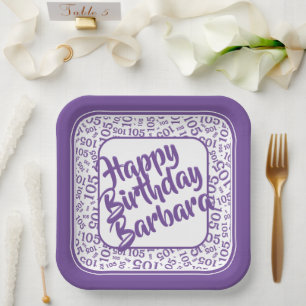 105th Birthday Random Number Pattern Purple/White Paper Plate