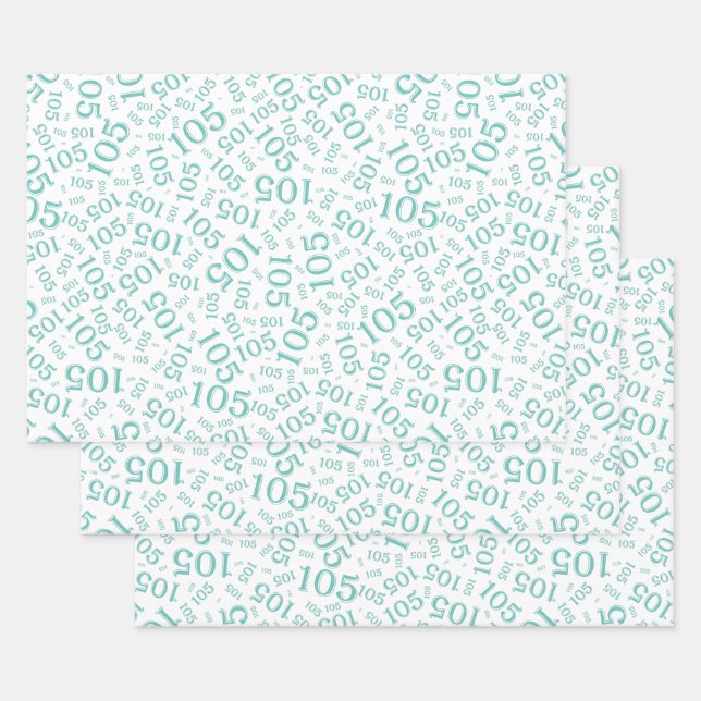 105th Birthday Random Number Pattern Teal/White Wrapping Paper Sheet (Set)