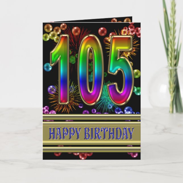 105th Birthday with rainbow bubbles and fireworks Card (Front)