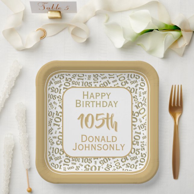 105th Party Random Number Pattern Gold/White Paper Plate (Wedding)
