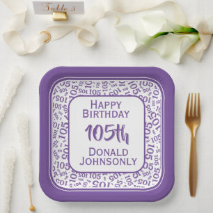 105th Party Random Number Pattern Purple/White Paper Plate