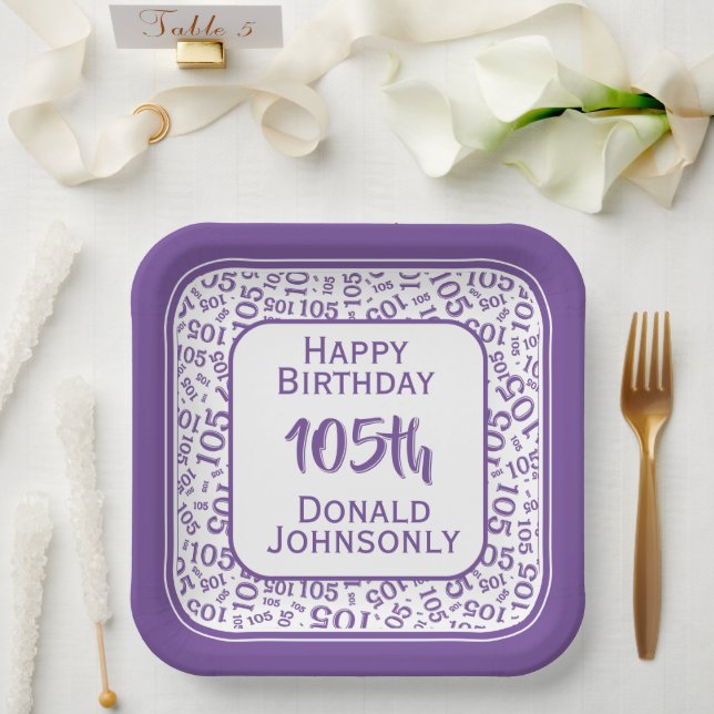 105th Party Random Number Pattern Purple/White Paper Plate (Wedding)