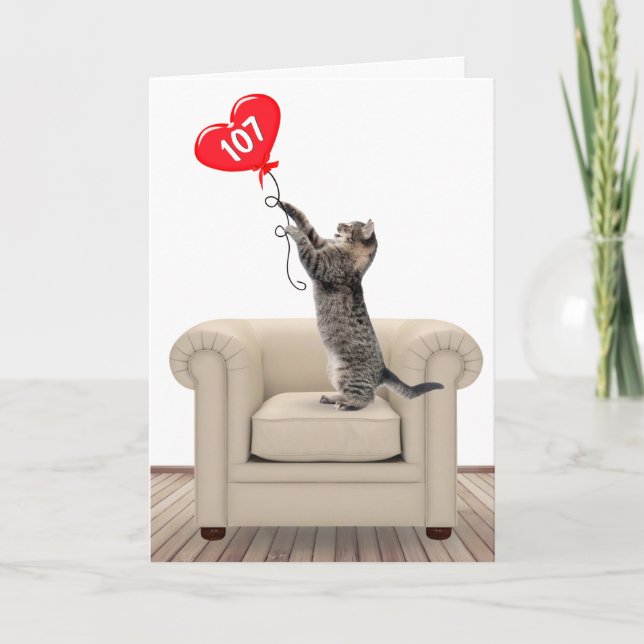 107th Birthday Cat With Heart Balloon Card (Front)