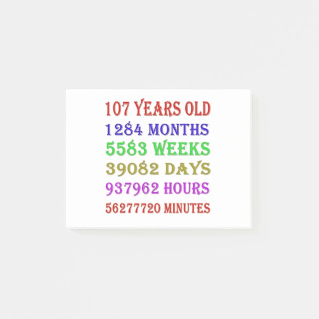 107th  Birthday Milestones Post-it Notes (Front)