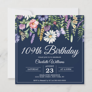 109th Birthday Wildflowers Navy Elegant 109 Years Invitation