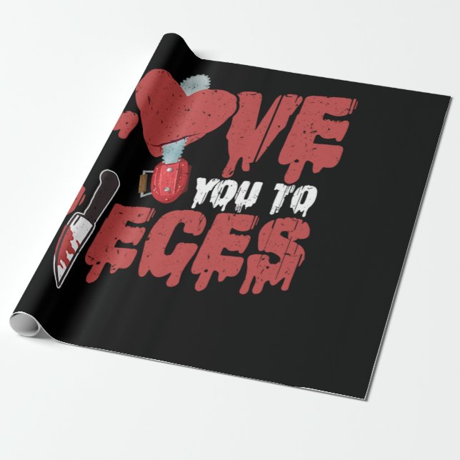 10.Horror Movie Love You To Pieces Heart Chain Saw Wrapping Paper (Unrolled)