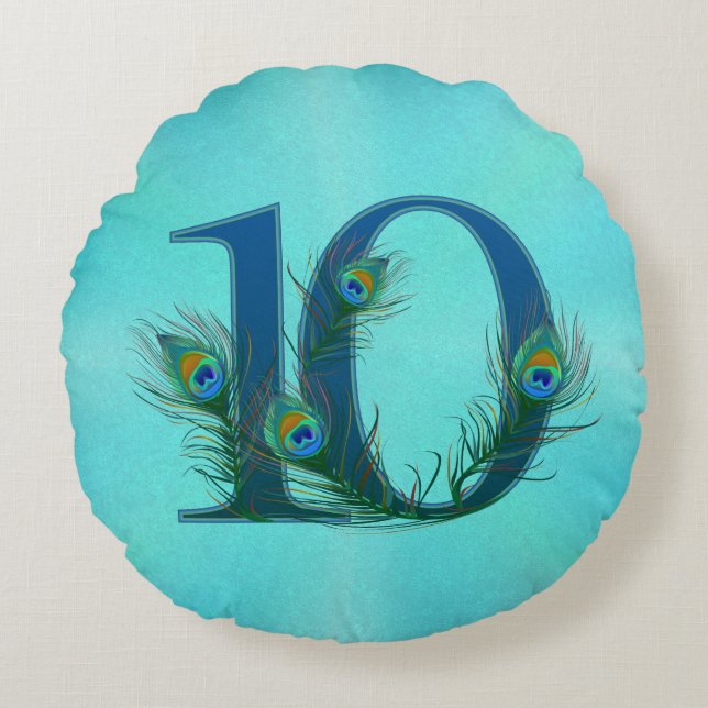 10 Peacock Feather Anniversary Elegant Round Cushion (Front)
