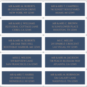 10 Personalised Guest Address Labels Blue Gold