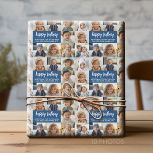 10 Photo Border Birthday Text Centre - Blue Wrapping Paper