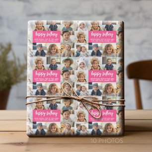 10 Photo Border Birthday Text Centre - Pink Wrapping Paper