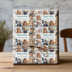10 Photo Border Birthday Text Centre - Teal Grey Wrapping Paper