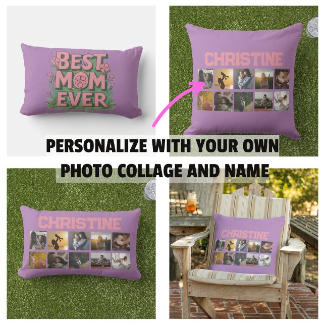 10 Photo Collage and Name for Her Mum Lumbar Cushion (10 Photo Collage and Name for Her Mom Pillow)