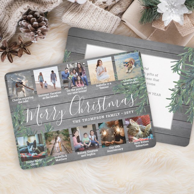 10 Photo Collage Christmas Greenery & Gray Wood Holiday Card (Creator Uploaded)