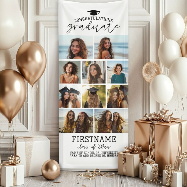 10 Photo Collage Graduation Modern Minimal White Banner (Custom Graduation Photo Banner - Great backdrop and Graduation Party Decoration)