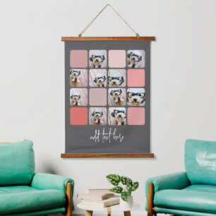 10 Photo Collage Gray Blush Pink Coral Script Text Hanging Tapestry