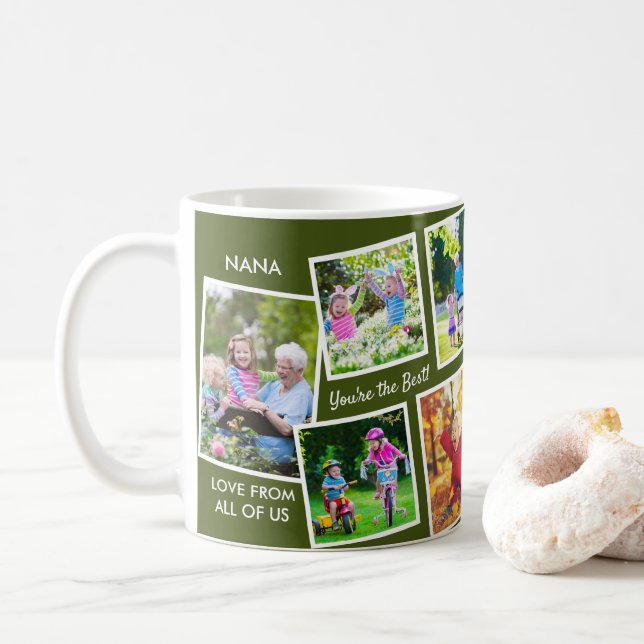 10 Photo Collage Green Personalised Nana Coffee Mug (With Donut)