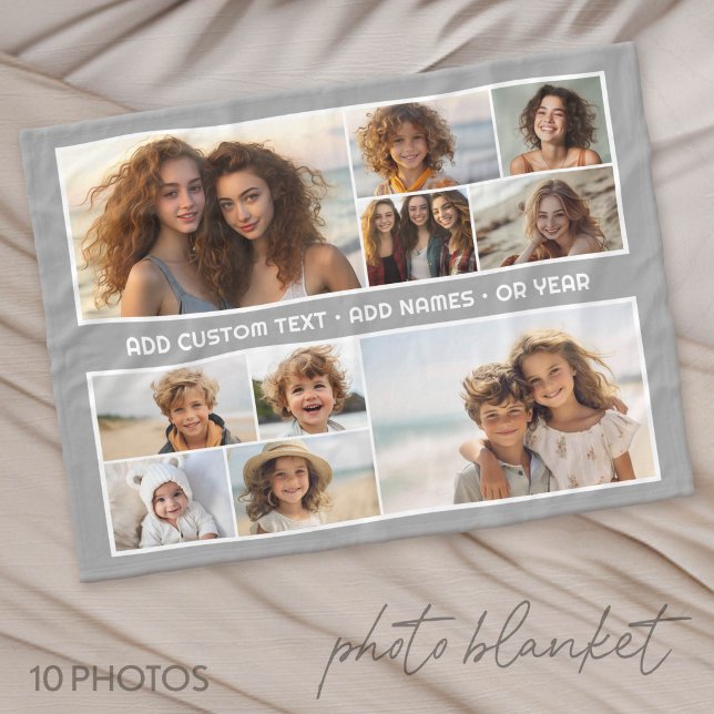 10 Photo Collage Grid - Custom Text in Middle Fleece Blanket (Custom Photo Blanket with Lots of Photos)