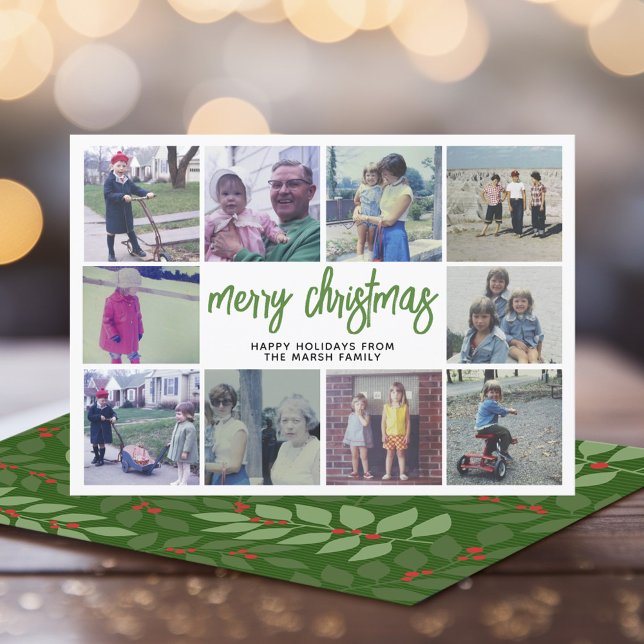 10 Photo Collage - Merry Christmas Green Botanical Holiday Card (Modern online Christmas Card with 10 Photos and botanical back - download option)