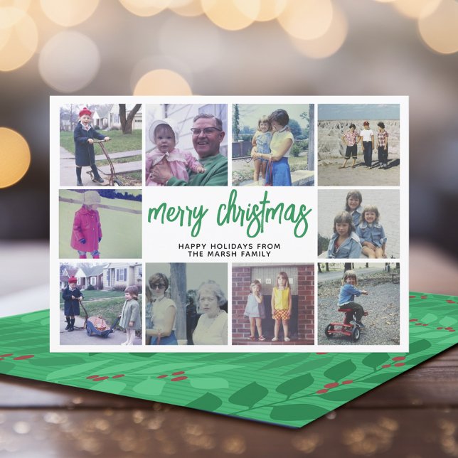 10 Photo Collage - Merry Christmas Green Botanical Holiday Card (Add 10 Photos to this modern, whimsical Christmas Card)
