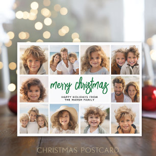 10 Photo Collage - Merry Christmas Green Holiday Postcard