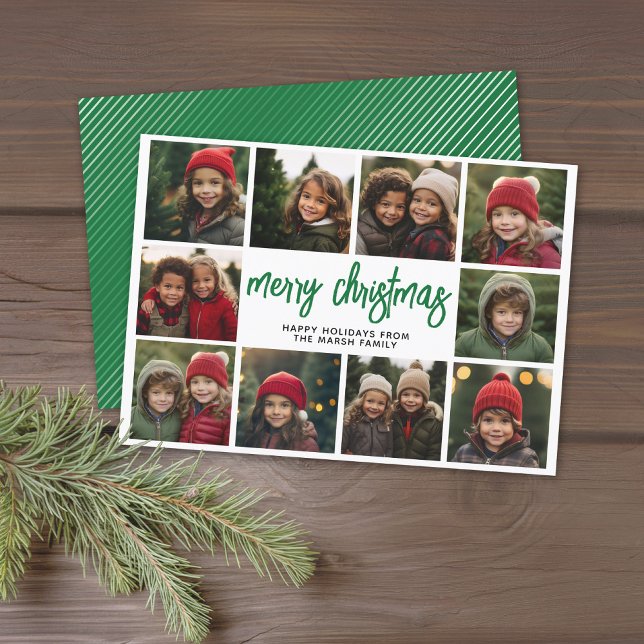 10 Photo Collage - Merry Christmas Green Stripes Holiday Card (10 Photo Modern Christmas Card - Bounce Calligraphy - green background - download option available)
