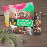 10 Photo Collage - Merry Christmas Mod Tie Die Holiday Card<br><div class="desc">A bright and cheerful tie dye pattern in green, red and yellow gold. -- Use 10 square photos and make a unique and trendy Merry Christmas greeting with a modern script on the front and a festive tie dye pattern on the back. If you need to move anything around, click...</div>