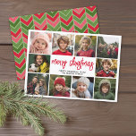 10 Photo Collage - Merry Christmas Red Green Holiday Card<br><div class="desc">Deep green and red herringbone pattern -- Use 10 square photos and make a unique and trendy Merry Christmas greeting with a rustic modern script on the front and a festive geometric pattern on the back. If you need to move anything around, click on the customise button to make changes....</div>