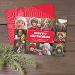 10 Photo Collage - Merry Christmas Red Line Art Holiday Card<br><div class="desc">A red background with a border of photos. -- Use 10 square photos and make a unique and trendy Merry Christmas greeting with a retro script font on the front and a line art arch pattern on the back. If you need to move anything around, click on the customise button...</div>