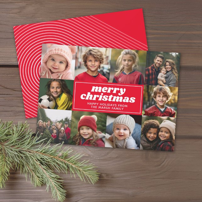 10 Photo Collage - Merry Christmas Red Line Art Holiday Card (Modern online Christmas Card with 10 Photos and a bounce script for the greeting - download option)