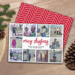 10 Photo Collage - Merry Christmas Red Pattern Holiday Card<br><div class="desc">Use 10 square photos and make a unique and trendy Merry Christmas greeting with a rustic modern script on the front and a simple pattern on the back. If you need to move anything around,  click on the customise button to make changes.</div>