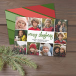 10 Photo Collage - Merry Christmas Retro Stripes Holiday Card<br><div class="desc">Deep green and red retro stripe pattern -- Use 10 square photos and make a unique and trendy Merry Christmas greeting with a rustic modern script on the front and a festive line art pattern on the back. If you need to move anything around, click on the customise button to...</div>