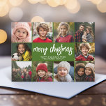 10 Photo Collage - Merry Christmas Retro Stripes Holiday Card<br><div class="desc">Deep green retro stripe pattern -- Use 10 square photos and make a unique and trendy Merry Christmas greeting with a rustic modern script on the front and a festive line art pattern on the back. If you need to move anything around, click on the customise button to make changes....</div>