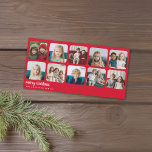 10 Photo Collage Minimal Christmas red Holiday Card<br><div class="desc">Vintage red Plaid Pattern on the back - A simple,  minimalist Holiday greeting with 4 square photos and modern calligraphy. Crop your photos into squares before uploading.</div>