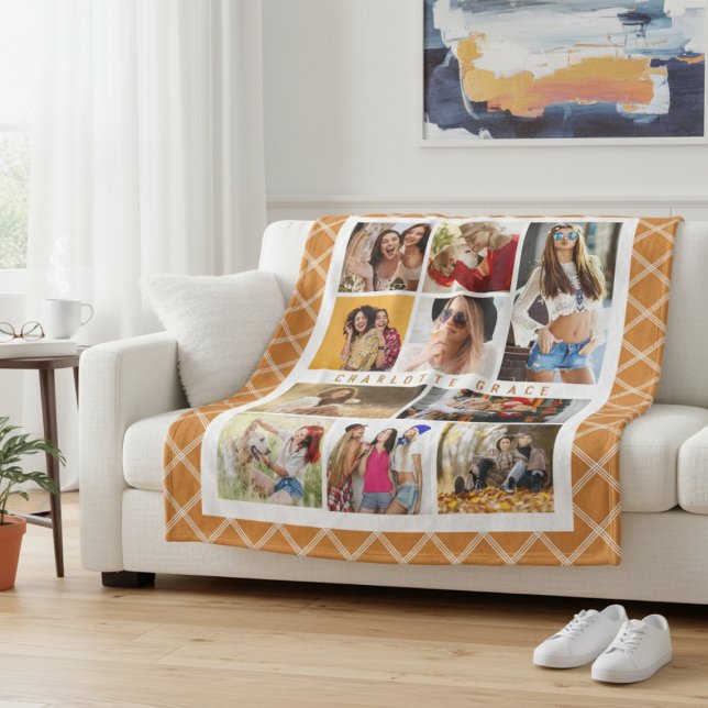 10 Photo Elegant Modern Brown Plaid Stylish Name Fleece Blanket (Creator Uploaded)