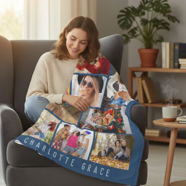 10 Photo Modern Blue Personalised Name Fleece Blanket (Creator Uploaded)