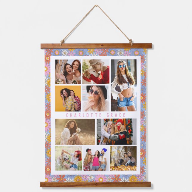 10 Photo Modern Trendy Hippie Floral Stylish Name Hanging Tapestry (Front)