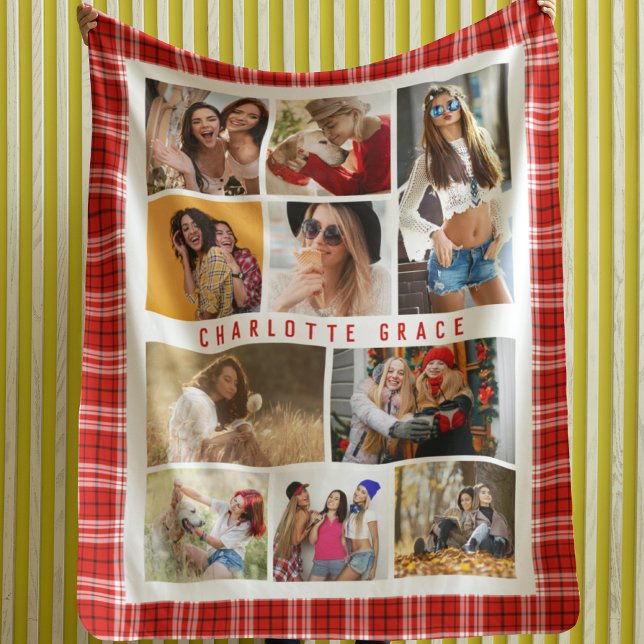 10 Photo Modern Trendy Red Plaid Stylish Name Fleece Blanket (Creator Uploaded)