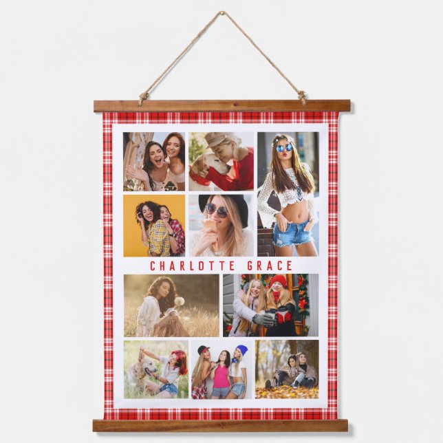 10 Photo Modern Trendy Red Plaid Stylish Name Hanging Tapestry (Front)