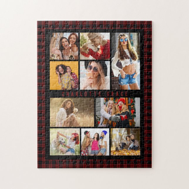 10 Photo Modern Trendy Red Plaid Stylish Name Jigsaw Puzzle (Vertical)