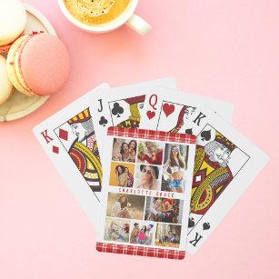 10 Photo Modern Trendy Red Plaid Stylish Name Playing Cards