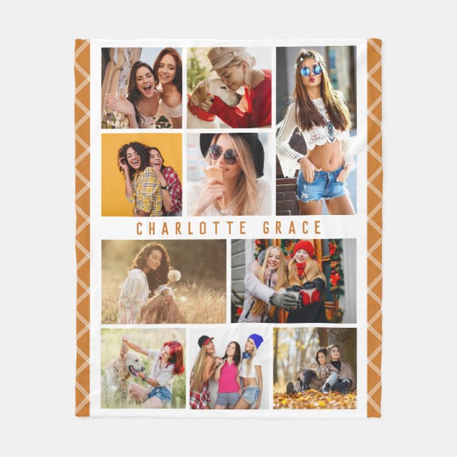 10 Photo Simple Modern Minimal Plaid Chic Name Fleece Blanket (Front)