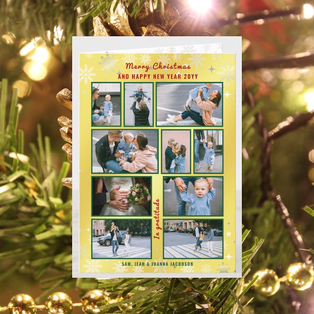 10 Photos Collage Cute Elegant Golden Personalised Holiday Card (Merry Christmas Happy New Year, In Gratitude Golden Modern Cute 10 Photos Collage What a Year Letter)