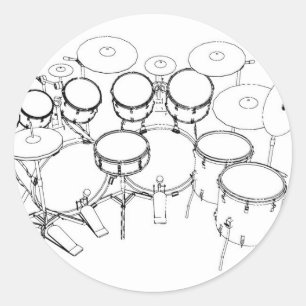 10 Piece Drum Kit: Black & White Drawing: Classic Round Sticker