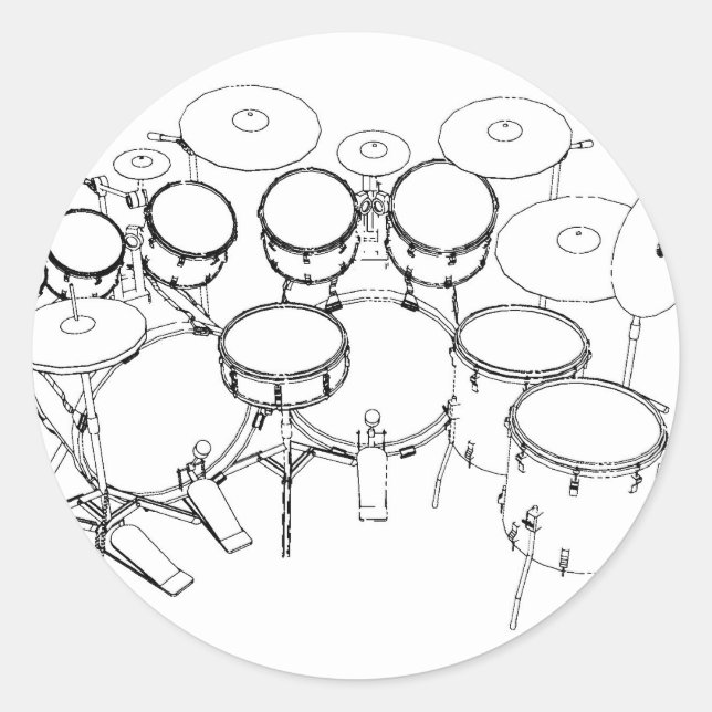 10 Piece Drum Kit: Black & White Drawing: Classic Round Sticker (Front)