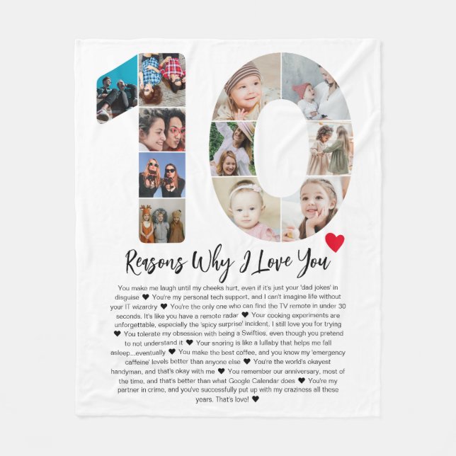 10 Reasons Why I Love You 10th Anniversary Collage Fleece Blanket (Front)