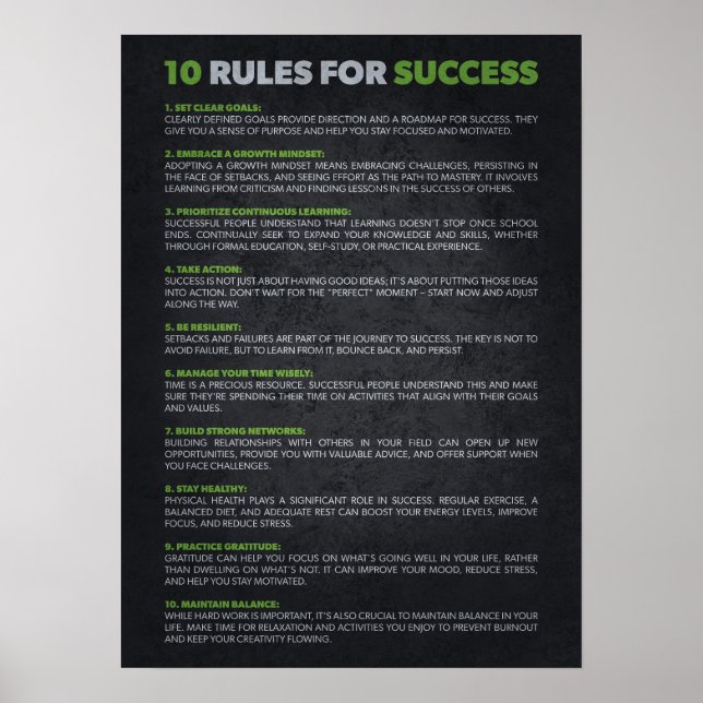 10 Rules For Success - Motivational Poster (Front)