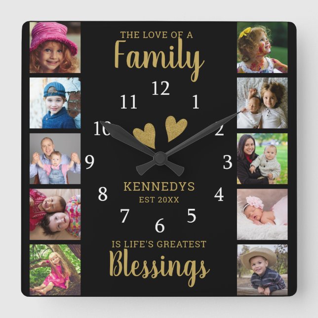10 Square Photo Collage Family Quote Black Gold Square Wall Clock (Front)
