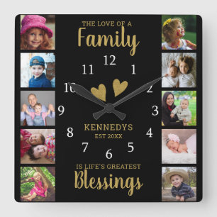 10 Square Photo Collage Family Quote Black Gold Wall Clock